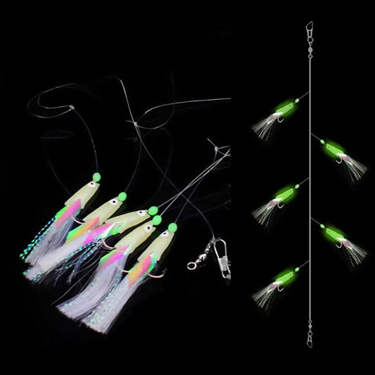 5Pcs/Set Feathers Luminous Fishing Hook Treble Bait